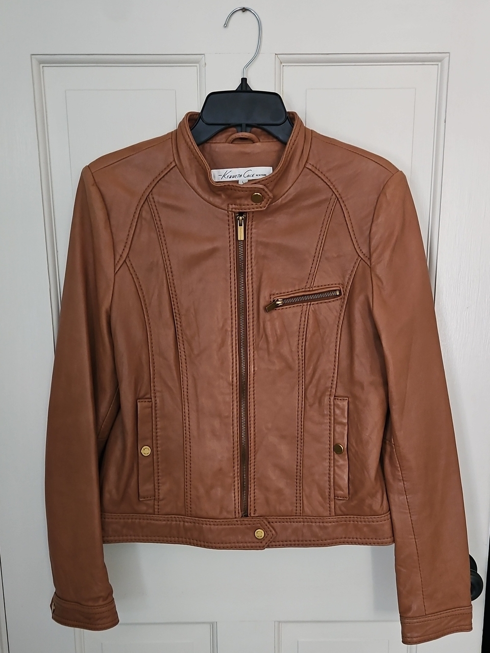Kenneth Cole Cognac Brown Leather Moto Jacket